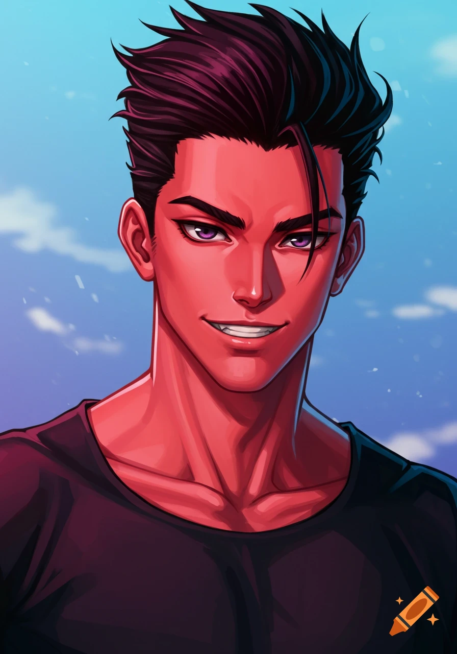 Anime-style portrait of a man with reddish skin, spiky black hair, and a black shirt, smiling against a blue sky.