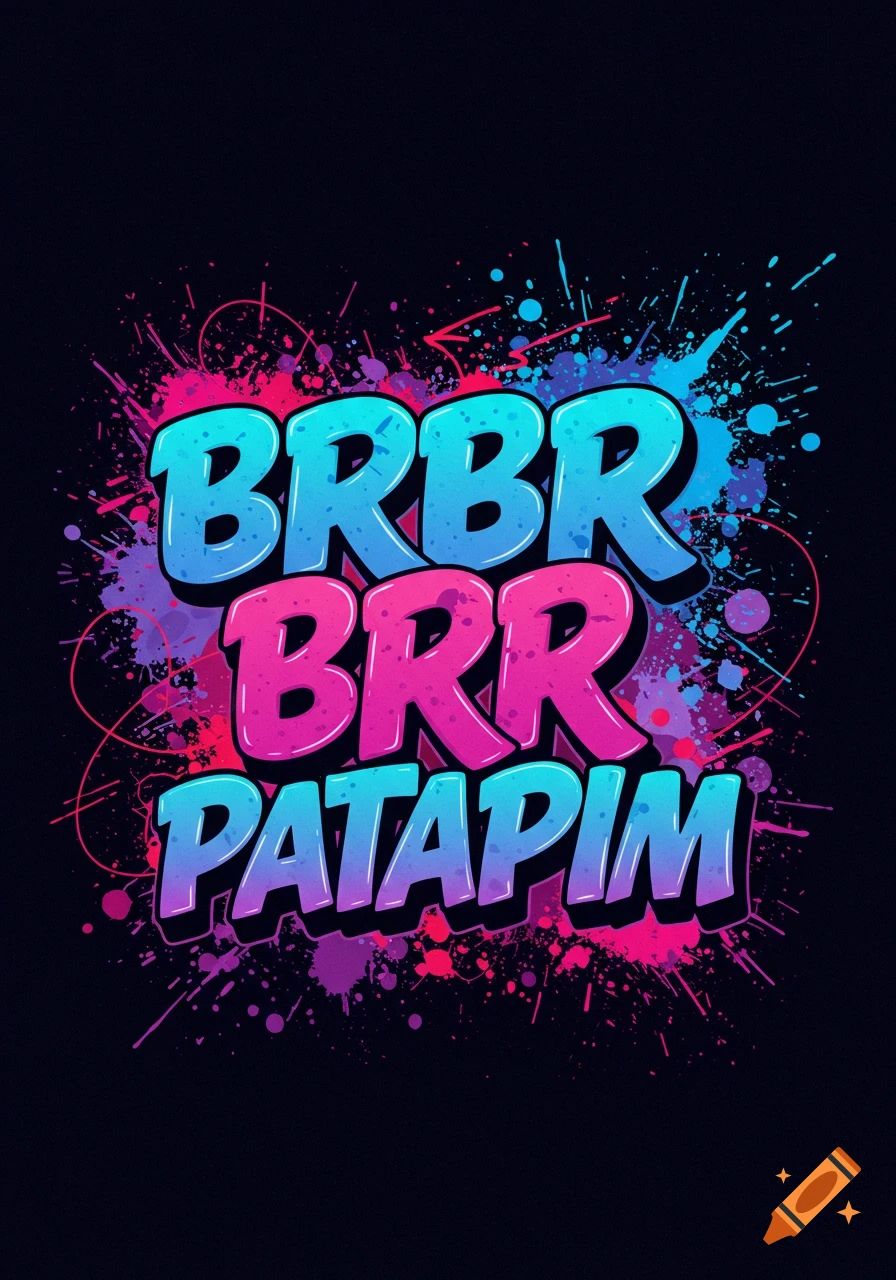 Stylized neon blue and pink text 'BRR BRR PATAPIM' with vibrant paint splatters on a black background.