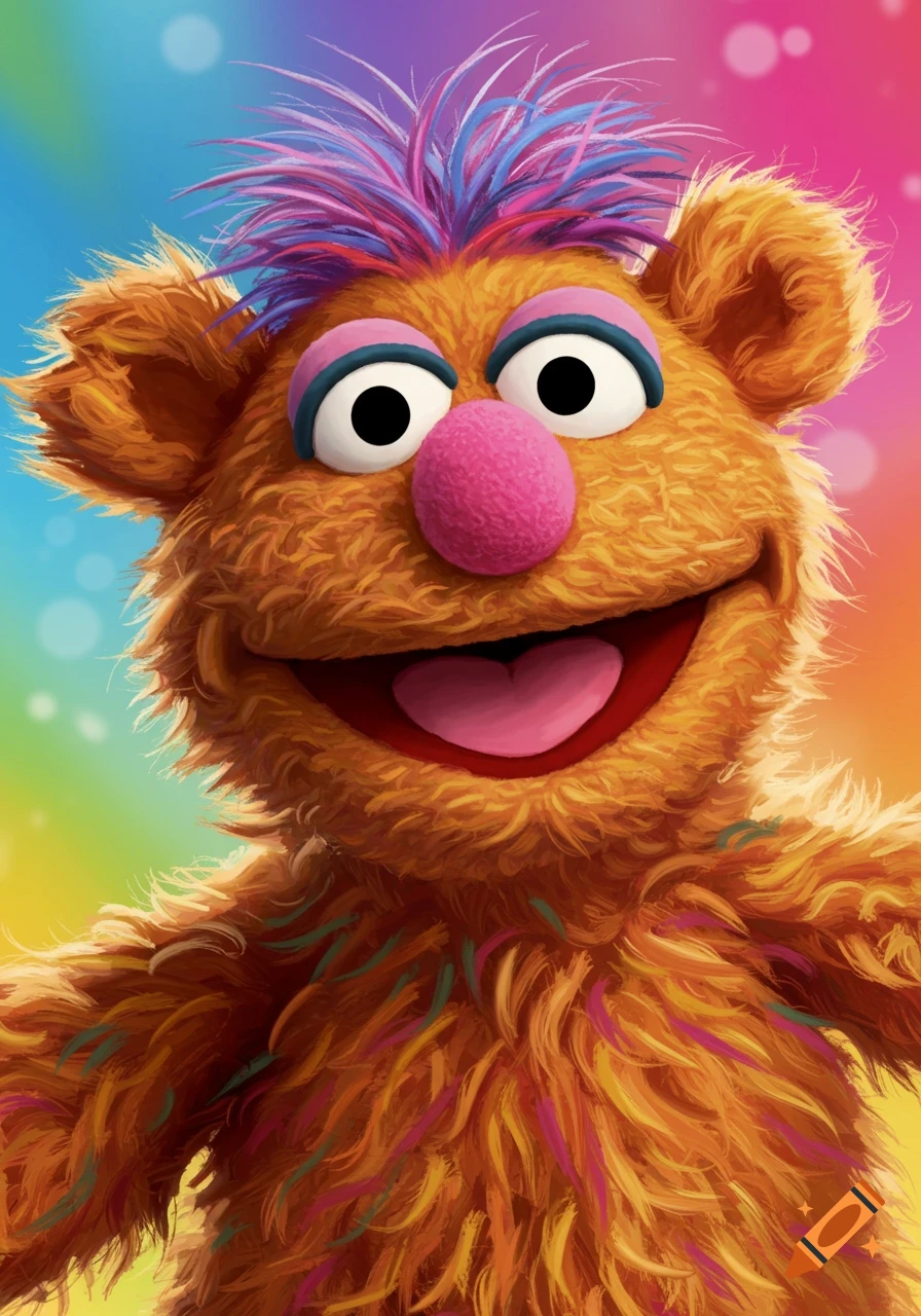 A fuzzy orange Muppet-like character with colorful hair and fur, smiling against a vibrant rainbow background.