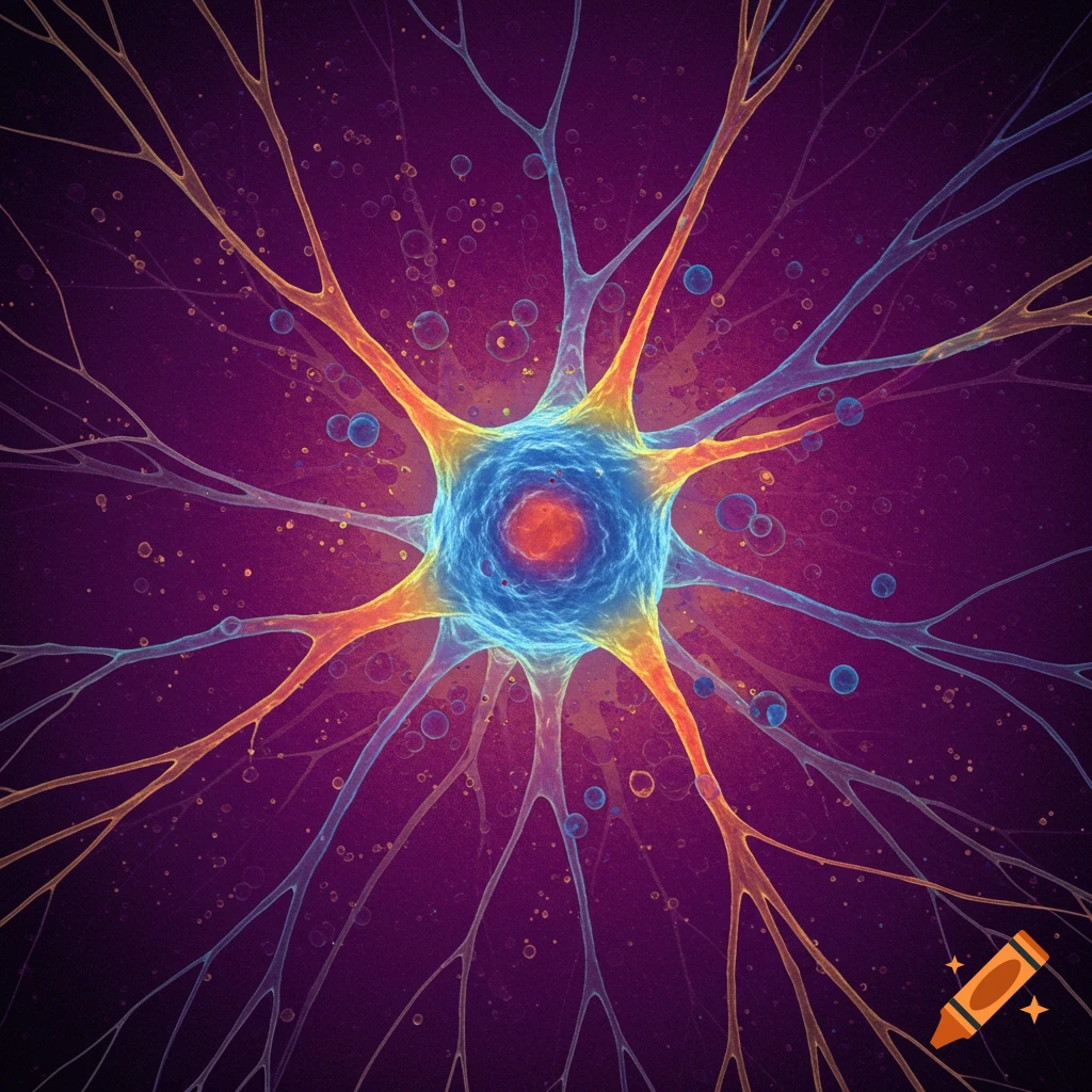 A vibrant, colorful neuron with dendrites and cell body, surrounded by small bubbles on a dark purple background.