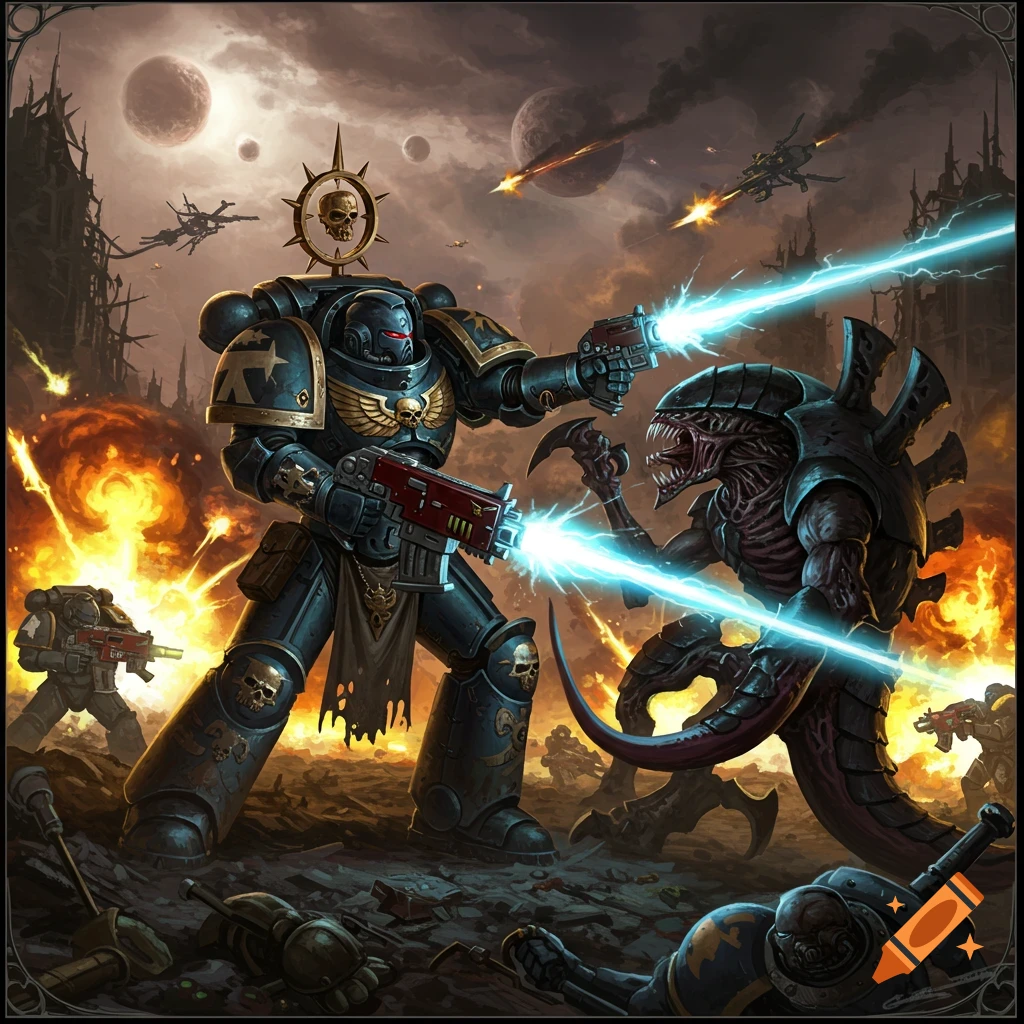 A heavily armored Space Marine battles a monstrous Tyranid alien with energy weapons amidst explosions on a war-torn planet.