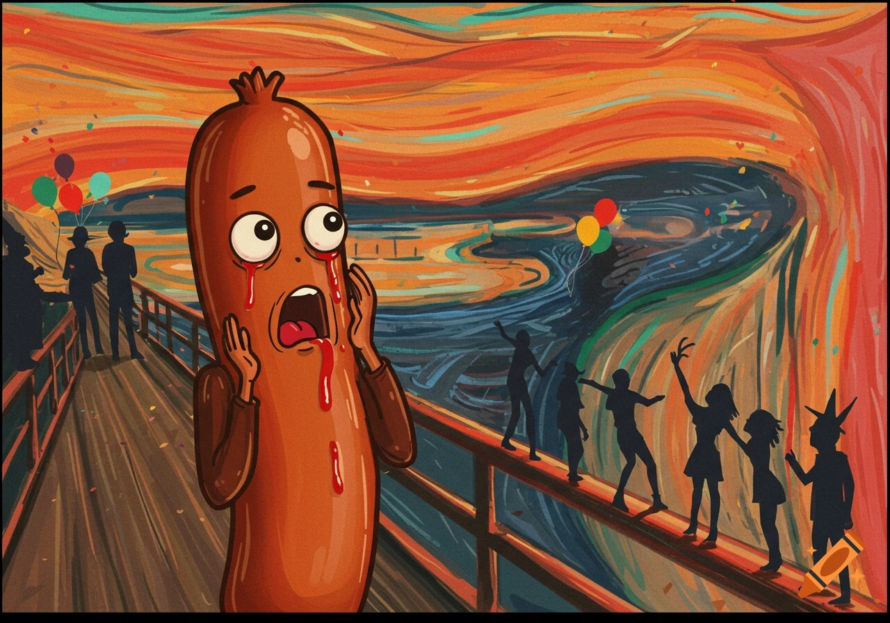 A cartoon sausage with ketchup tears screaming in a parody of Munch's The Scream, with partying silhouettes in the background.