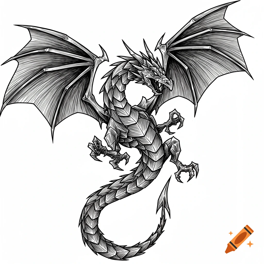 A black and white drawing of a fierce geometric dragon with outstretched wings.