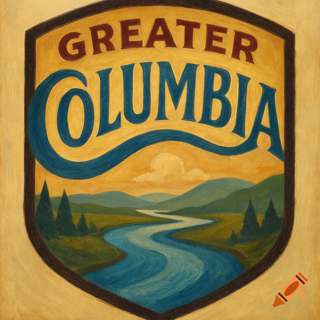 A vintage-style badge for 'Greater Columbia' featuring a winding river and mountains, with 'COLUMBIA' stylized as the river.