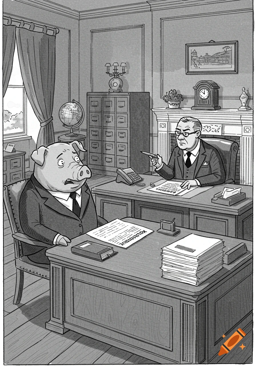 A black and white cartoon shows a pig in a suit sitting opposite a man in a suit at a desk in an insurance office.