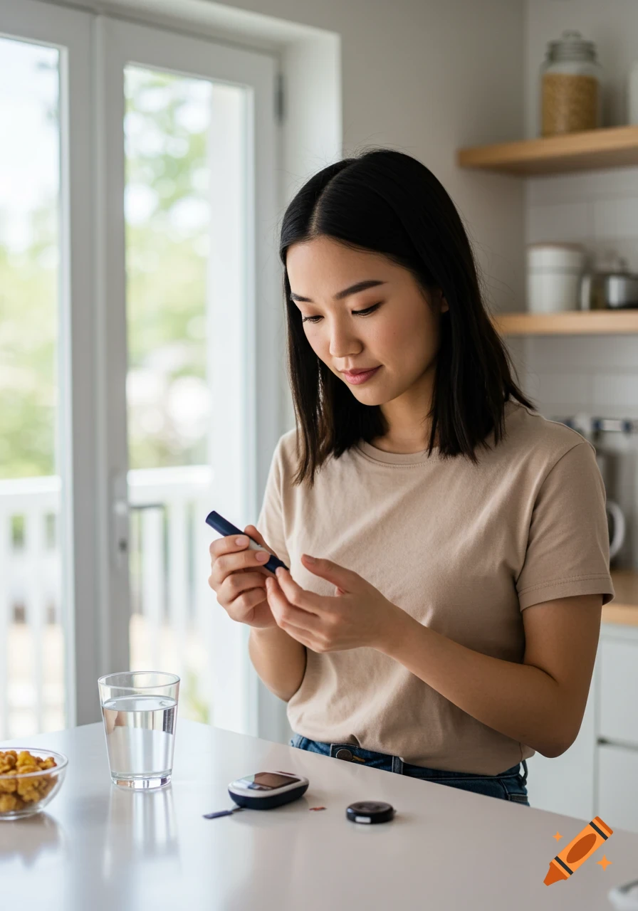 Young Asian woman checking her blood sugar with a lancet device in a bright kitchen.