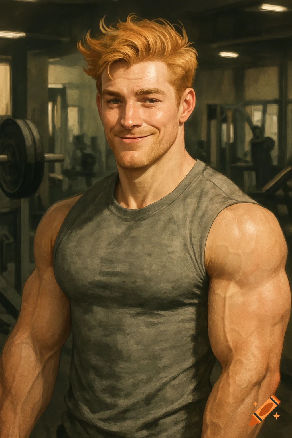 A muscular man with reddish-blonde hair in a grey tank top smiles in a gym, photorealistic.