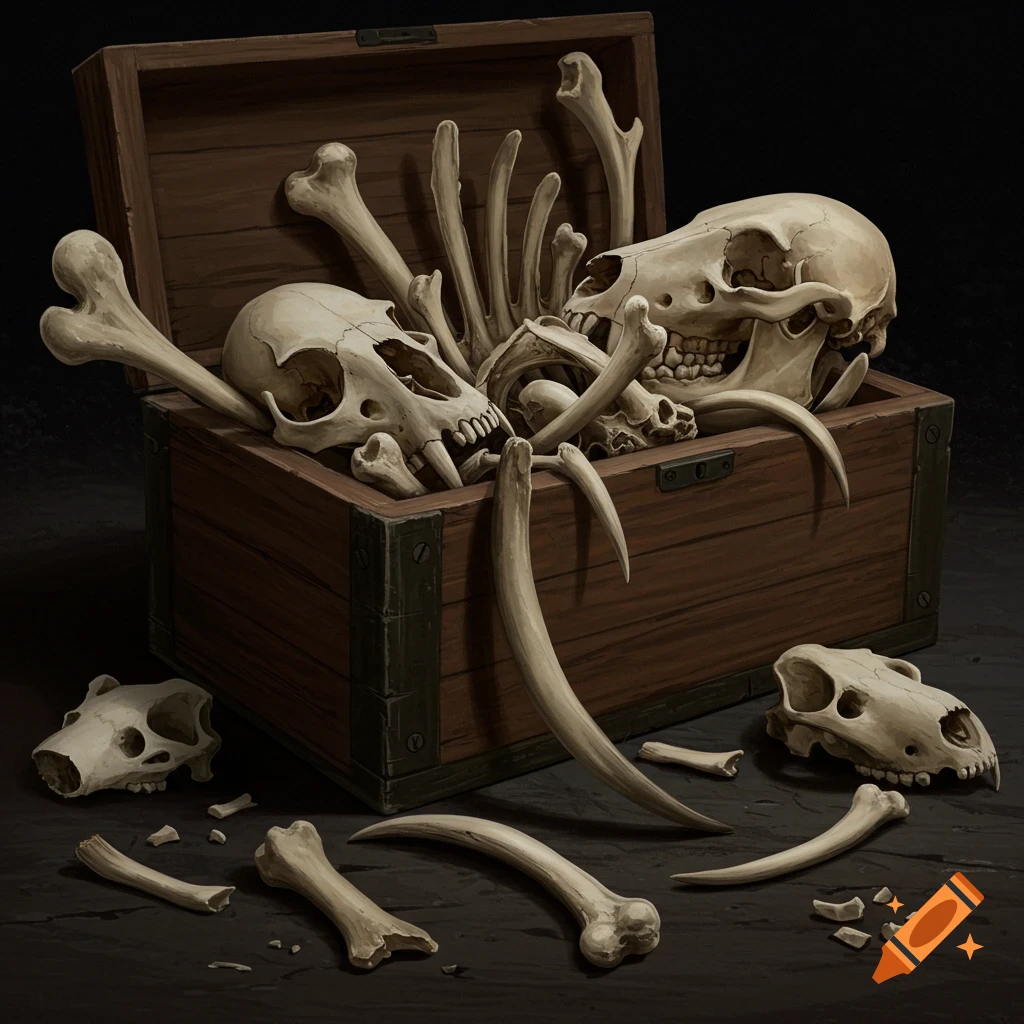 Realistic illustration of animal skulls and bones overflowing from an open wooden chest, with more bones scattered on a dark surface.