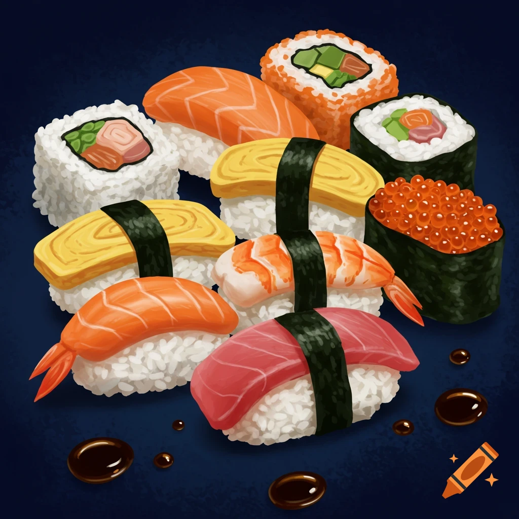 An assortment of sushi pieces, including nigiri with salmon, tuna, shrimp, and omelet, plus various maki rolls, arranged on a dark blue surface with soy sauce drops.