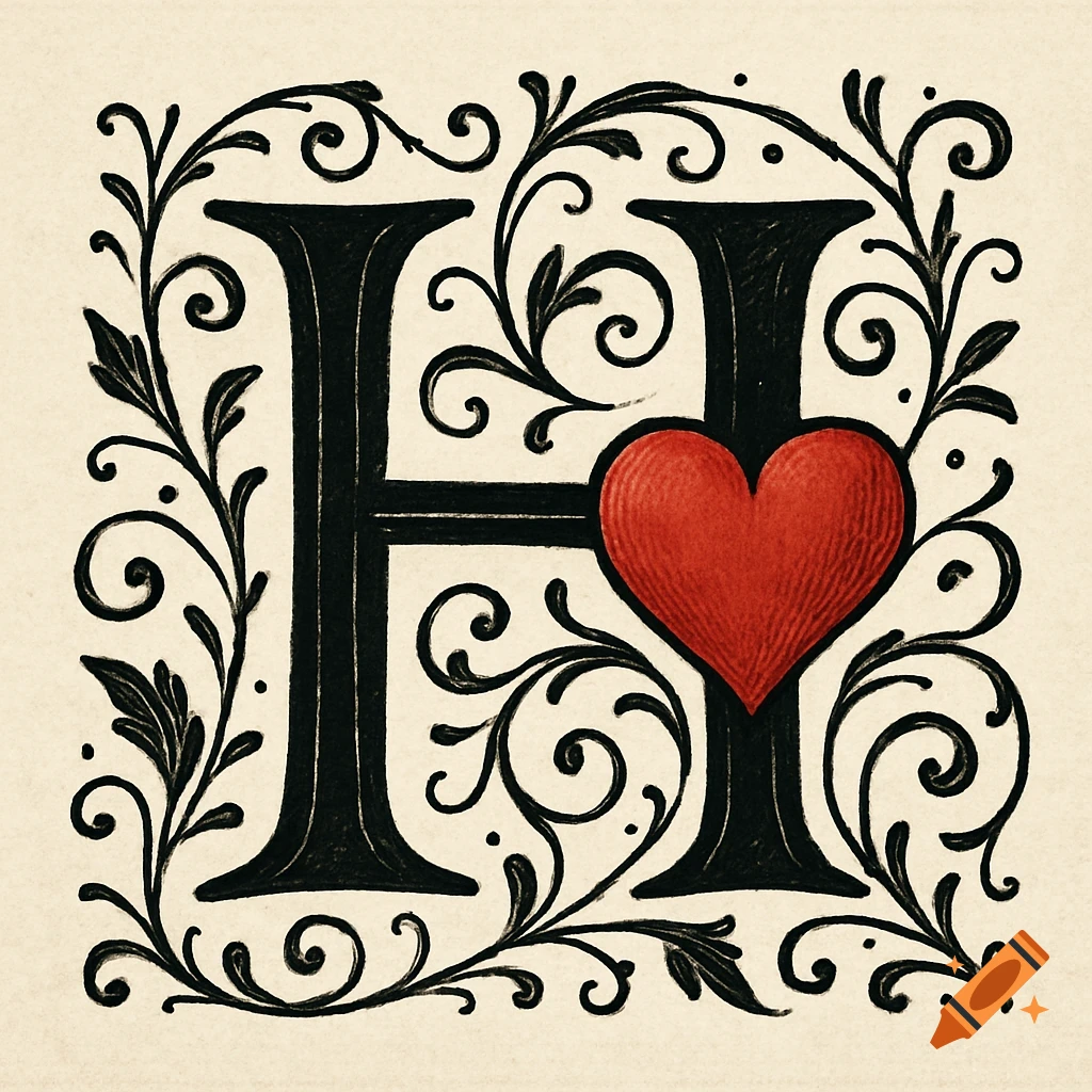 Ornate black letter H with swirling decorative vines and a textured red heart.