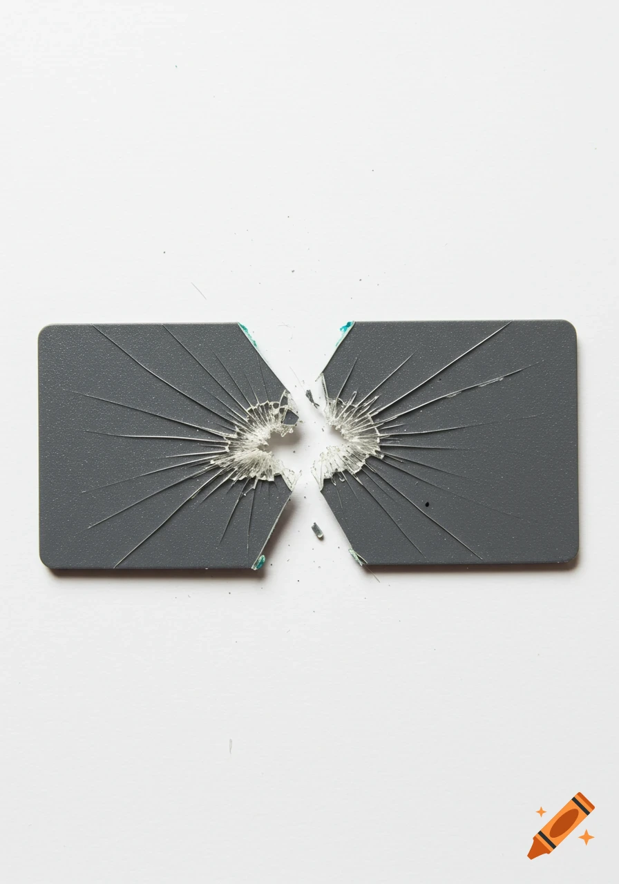 A grey rectangular card snapped in half on a white surface, with radial cracks around the break points.
