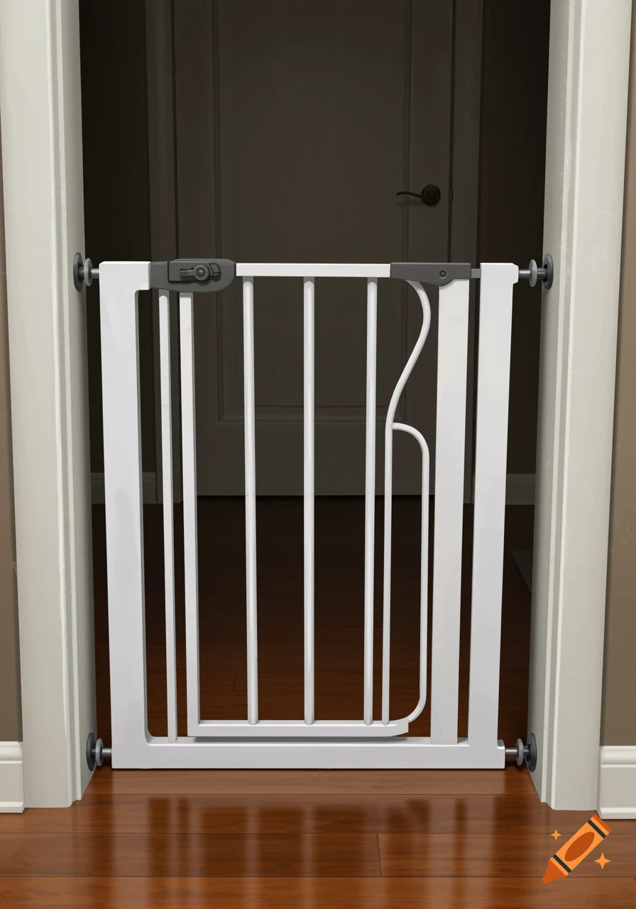 A white child safety gate is installed in a doorway with a dark brown door and wooden floor.