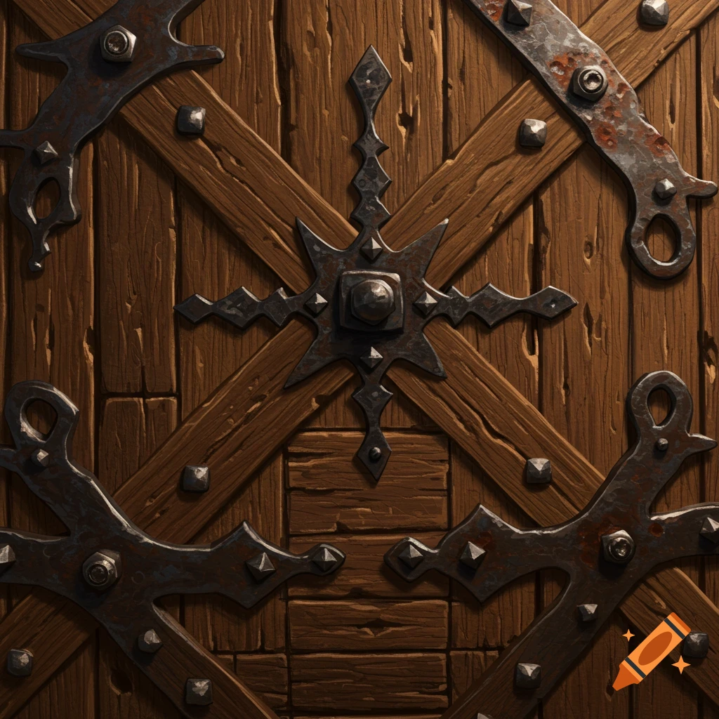 Close-up of a medieval wooden door with ornate, worn metal braces and bolts.