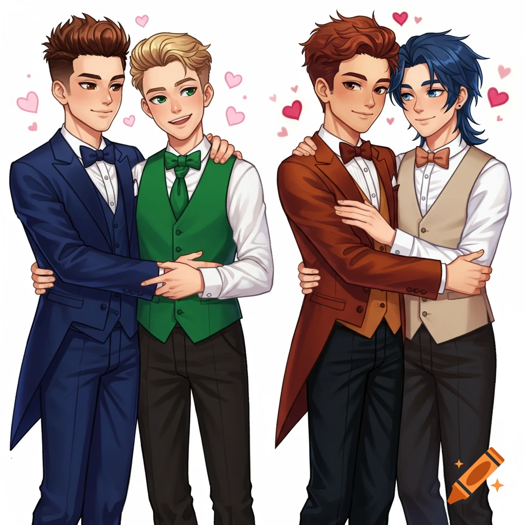 Two pairs of anime-style teenage boys in formal prom attire, embracing and smiling, with small pink hearts floating.