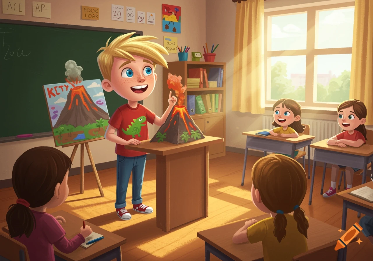 A boy presents a volcano model to his classmates in a bright classroom.