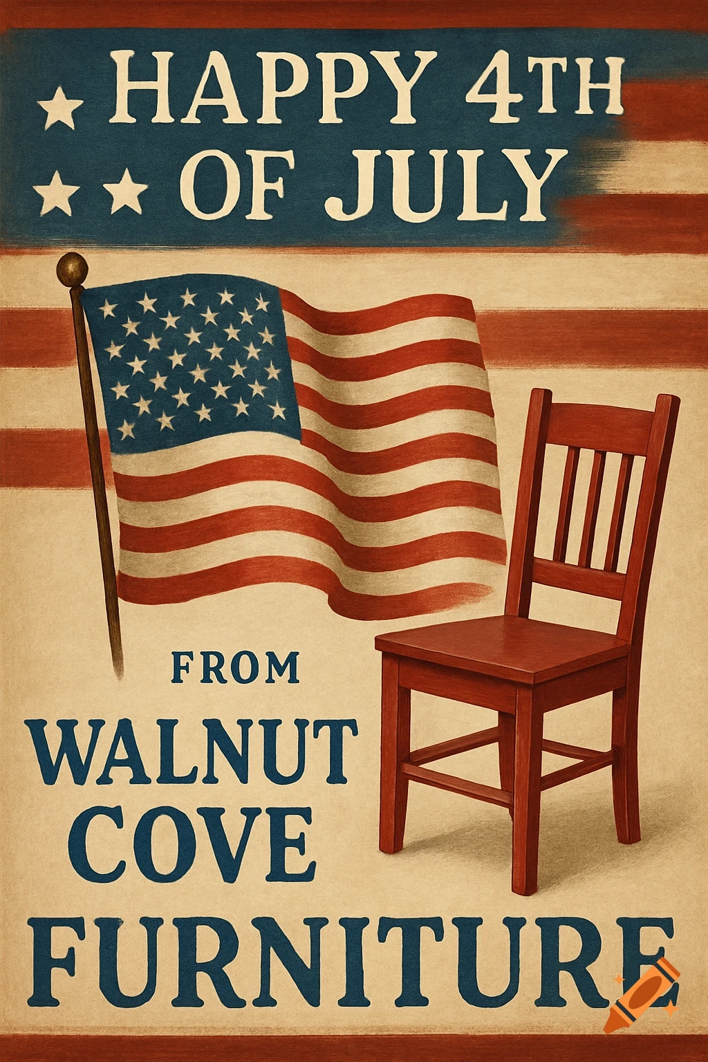 Vintage-style 4th of July advertisement poster featuring an American flag and a red wooden chair. Text reads 'Happy 4th of July from Walnut Cove Furniture'.