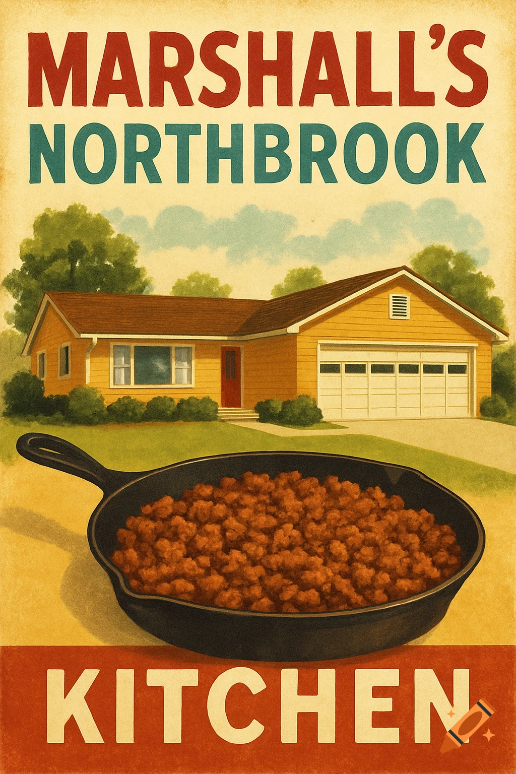 Vintage poster advertising "Marshall's Northbrook Kitchen" with a suburban house and a skillet of ground beef.
