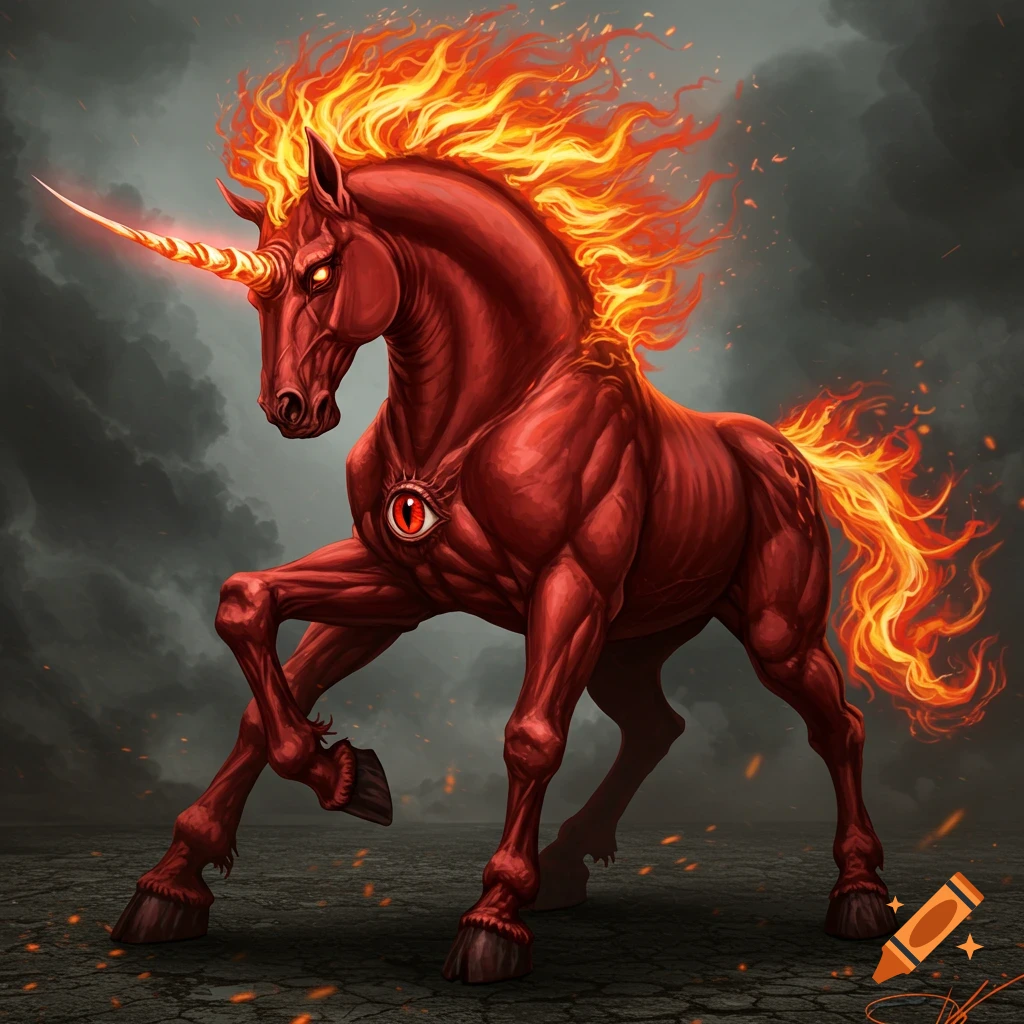 A blood-red unicorn with a fiery mane and tail, a bright horn, and a large red eye on its chest, stands against a dark, stormy background.