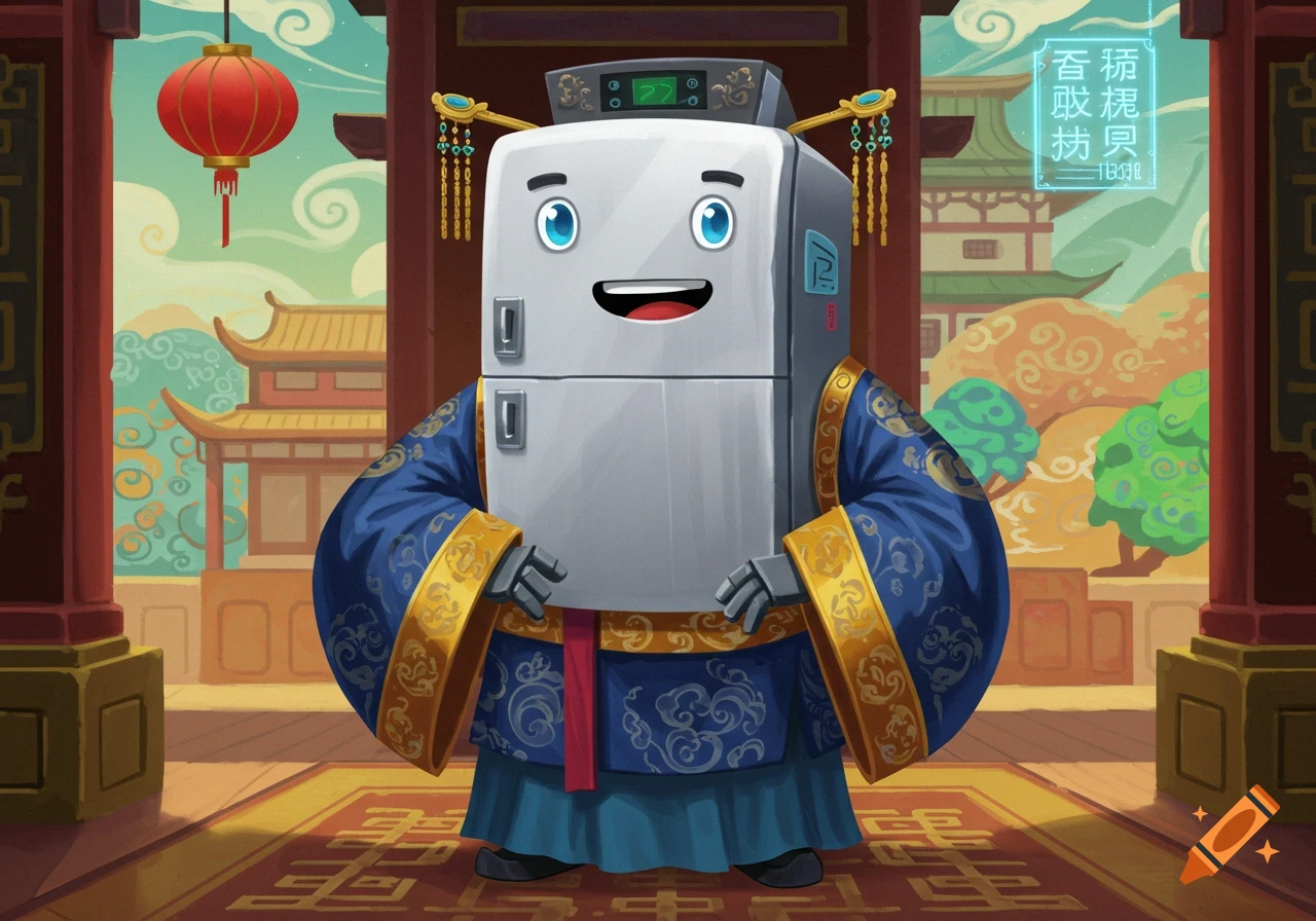 A cartoon refrigerator character wearing an ornate blue and gold traditional Chinese hanfu robe stands in a temple courtyard. Red lantern hangs on left.
