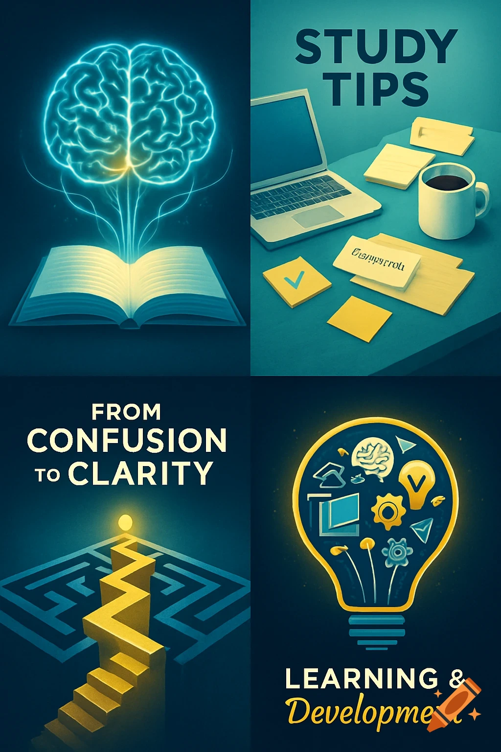 A four-panel graphic illustration combining abstract concepts of learning. Top left: a glowing brain over an open book. Top right: a study desk with a laptop, coffee, and notes. Bottom left: a maze transforming into a staircase. Bottom right: a lightbulb filled with learning-related icons.