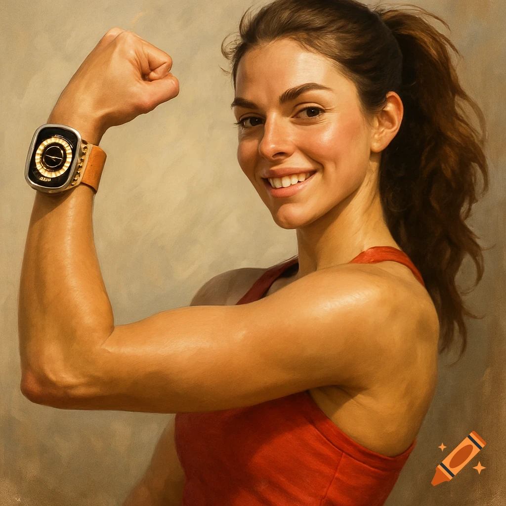 A young woman with a ponytail, wearing a red top and a smart watch, smiles and flexes her bicep.
