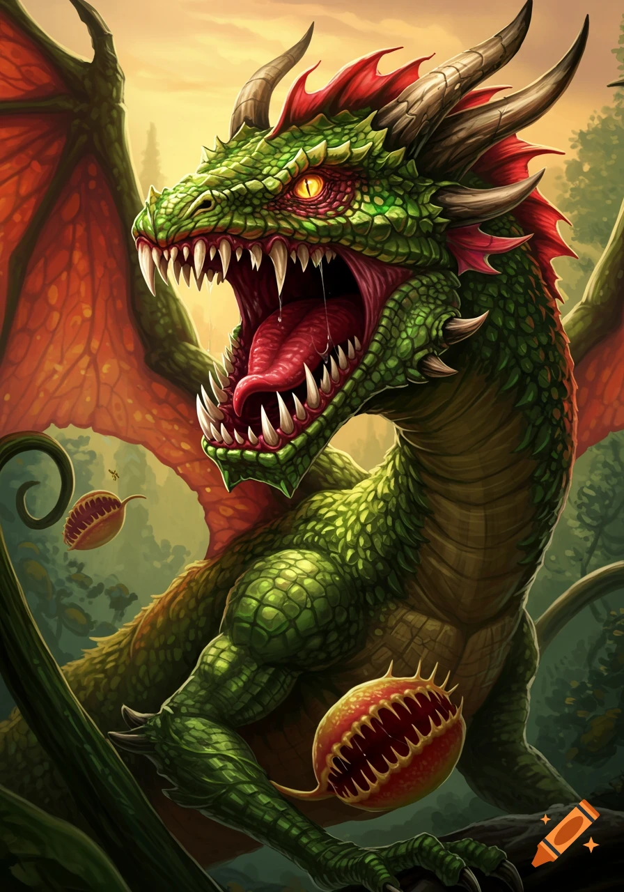 A vibrant green and red fantasy dragon with venus flytrap features roaring in a lush forest.