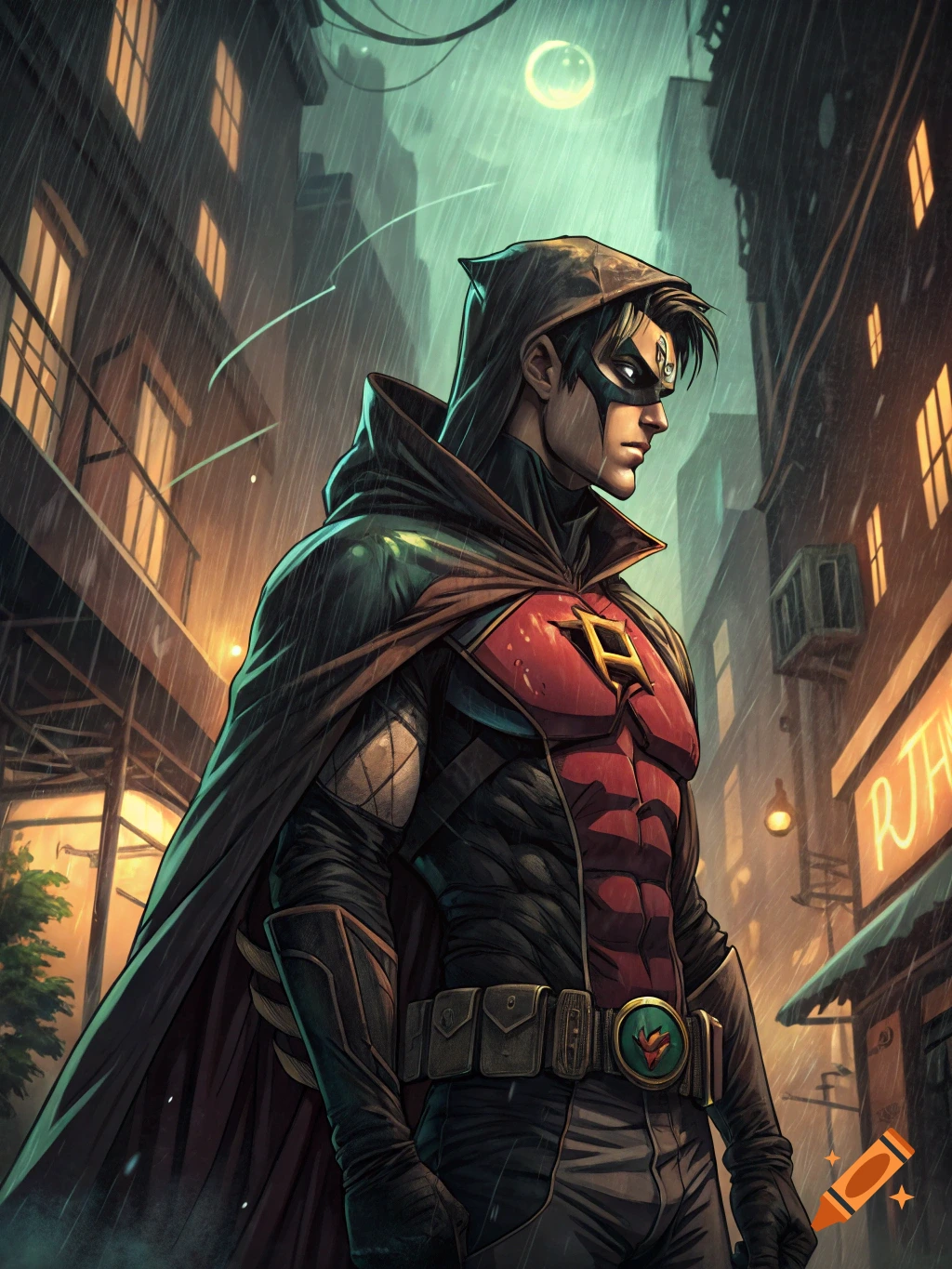 A hooded superhero, resembling Robin, stands in a rainy, dark city street. The character wears a black and red suit with a cape and mask, in a comic book art style.