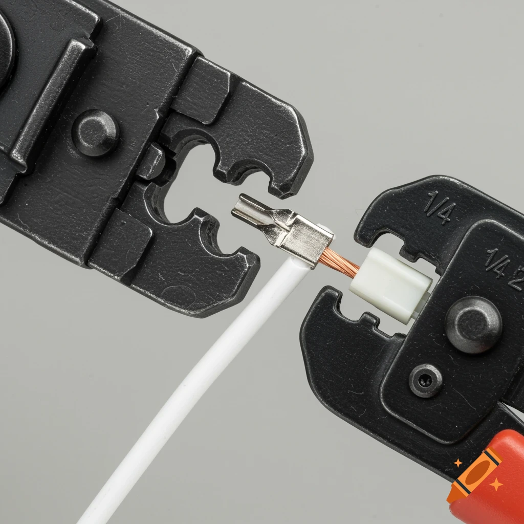 Close-up of a crimping tool preparing to crimp a spade connector onto a white electrical wire.