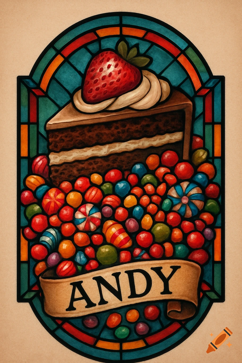 A stained glass design featuring a slice of chocolate cake with a strawberry, surrounded by colorful candies, with the name "ANDY" on a banner.