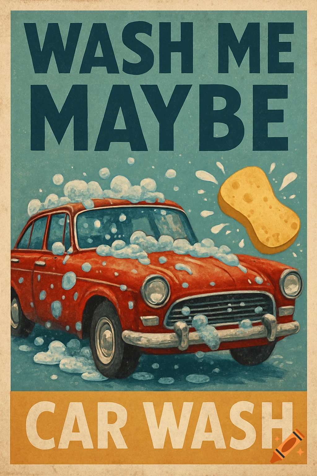 Vintage-style car wash advertisement poster featuring a red car covered in suds and a sponge, with text 'Wash Me Maybe Car Wash'.