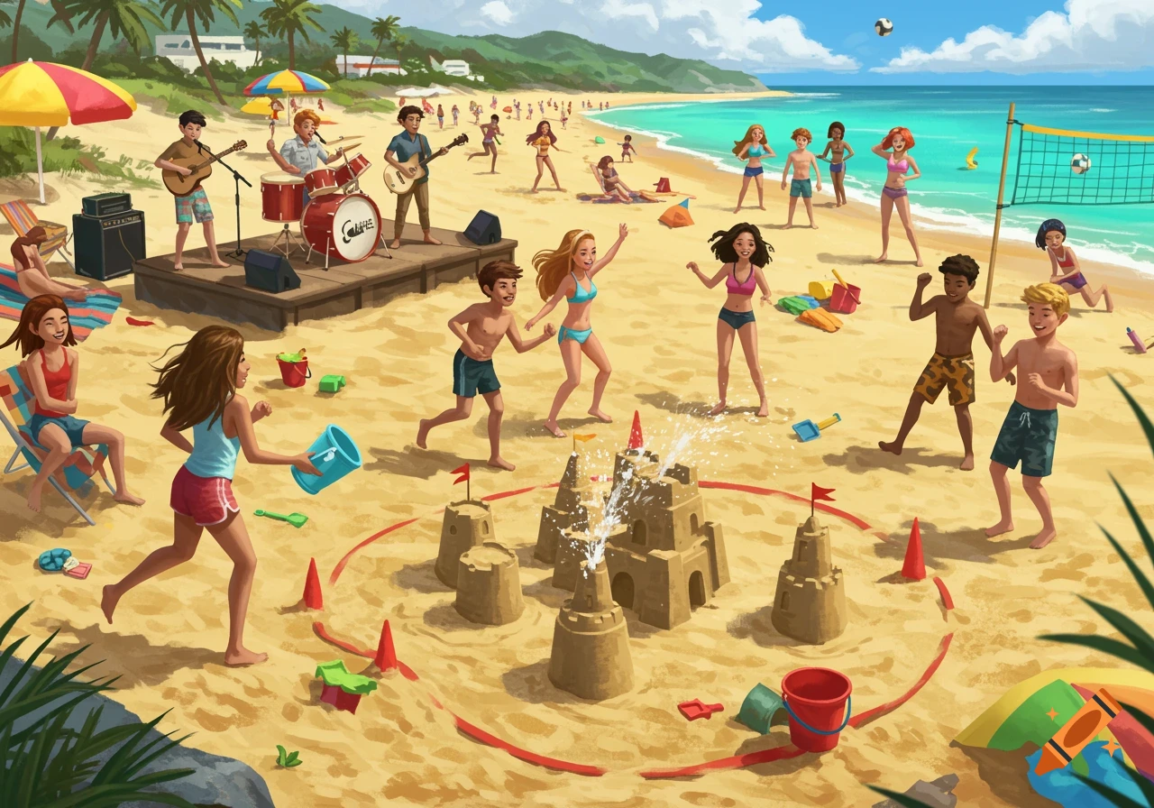 An illustrated scene of teenagers on a sunny beach, with a band playing on a stage, people playing volleyball, and others building sandcastles.