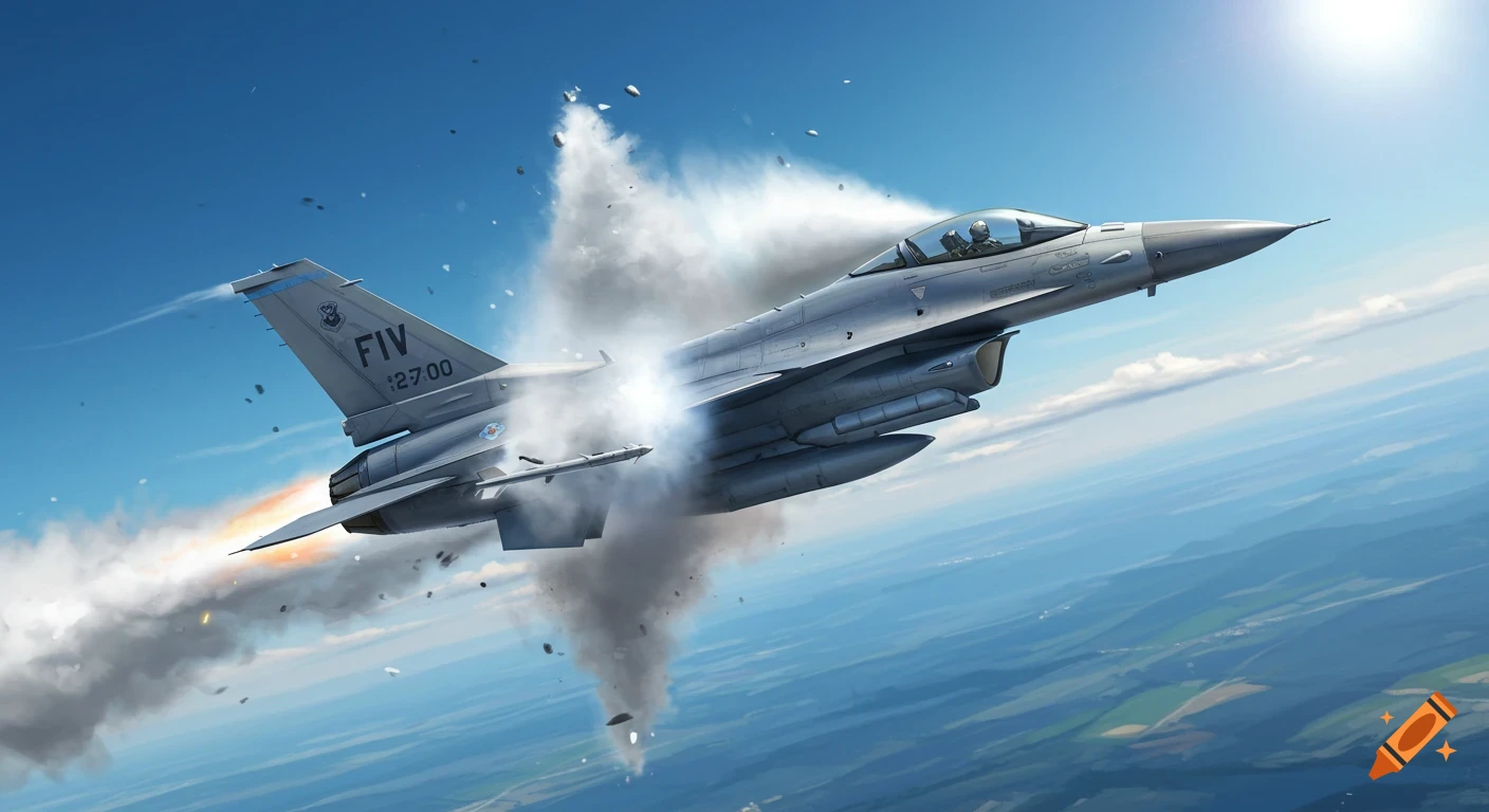 A photorealistic F-16 fighter jet breaks the sound barrier, surrounded by a large vapor cone and debris, against a clear blue sky.