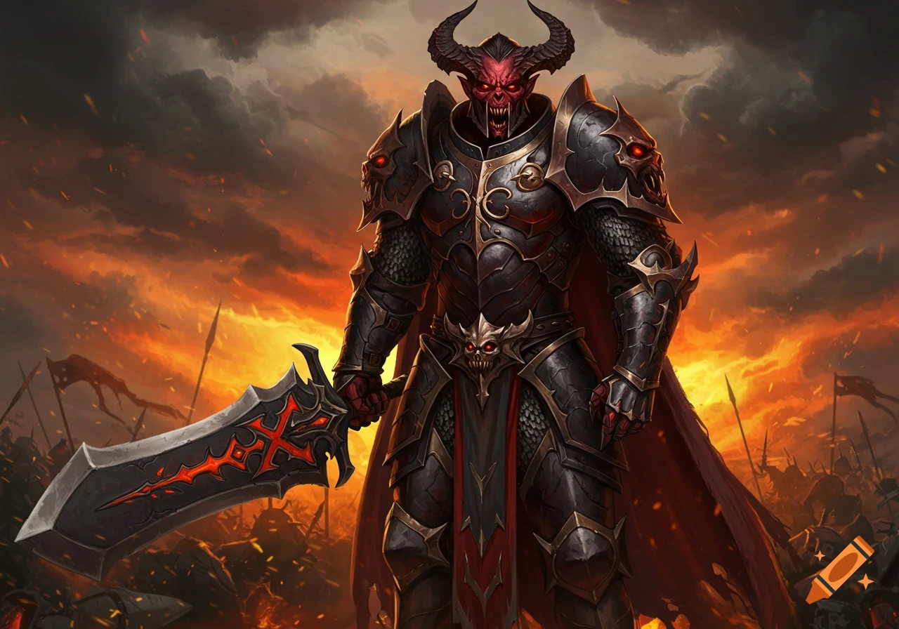A fearsome demon warrior in black armor and red skin holds a large sword with a red X, standing on a fiery battlefield.