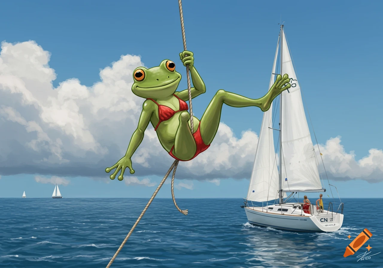 A cartoon frog in a red bikini swings from a rope over the ocean, with a white sailboat and blue sky in the background.