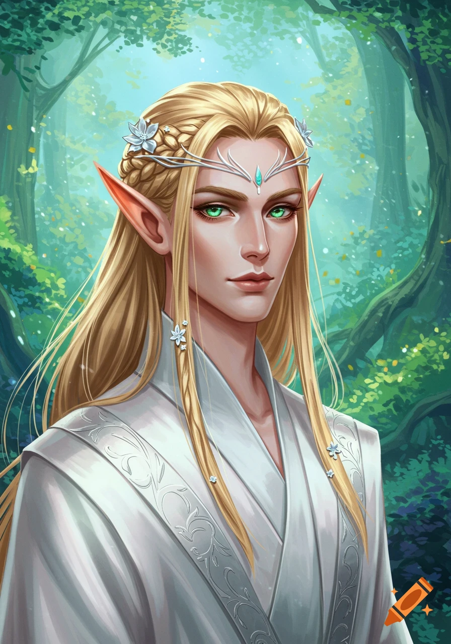 A male high elf with long blonde hair, green eyes, and pointed ears ...