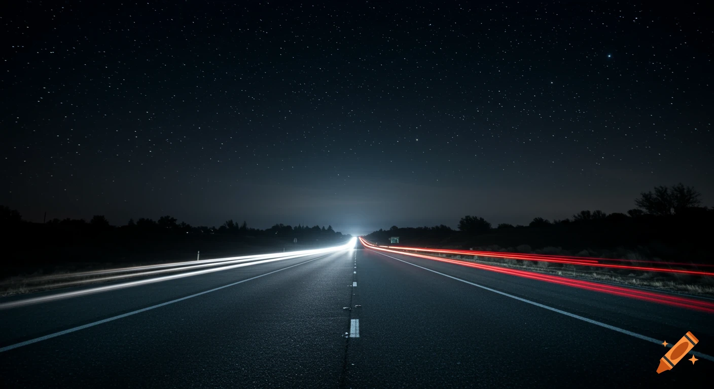 Long exposure of a highway at night with white and red light trails and a starry sky.