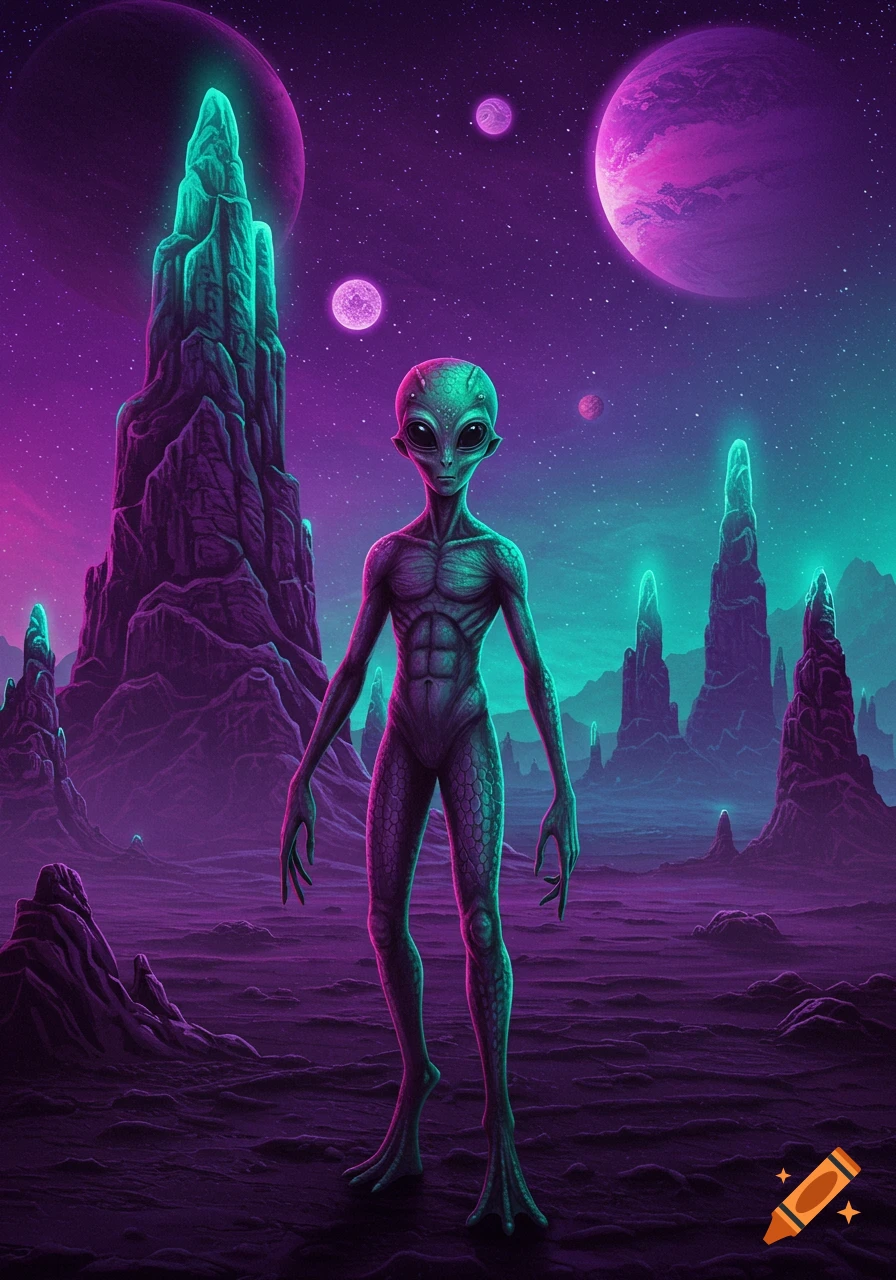 A grey-green alien with large eyes stands on a vibrant purple and green alien planet with glowing rock formations under a starry sky with multiple planets.