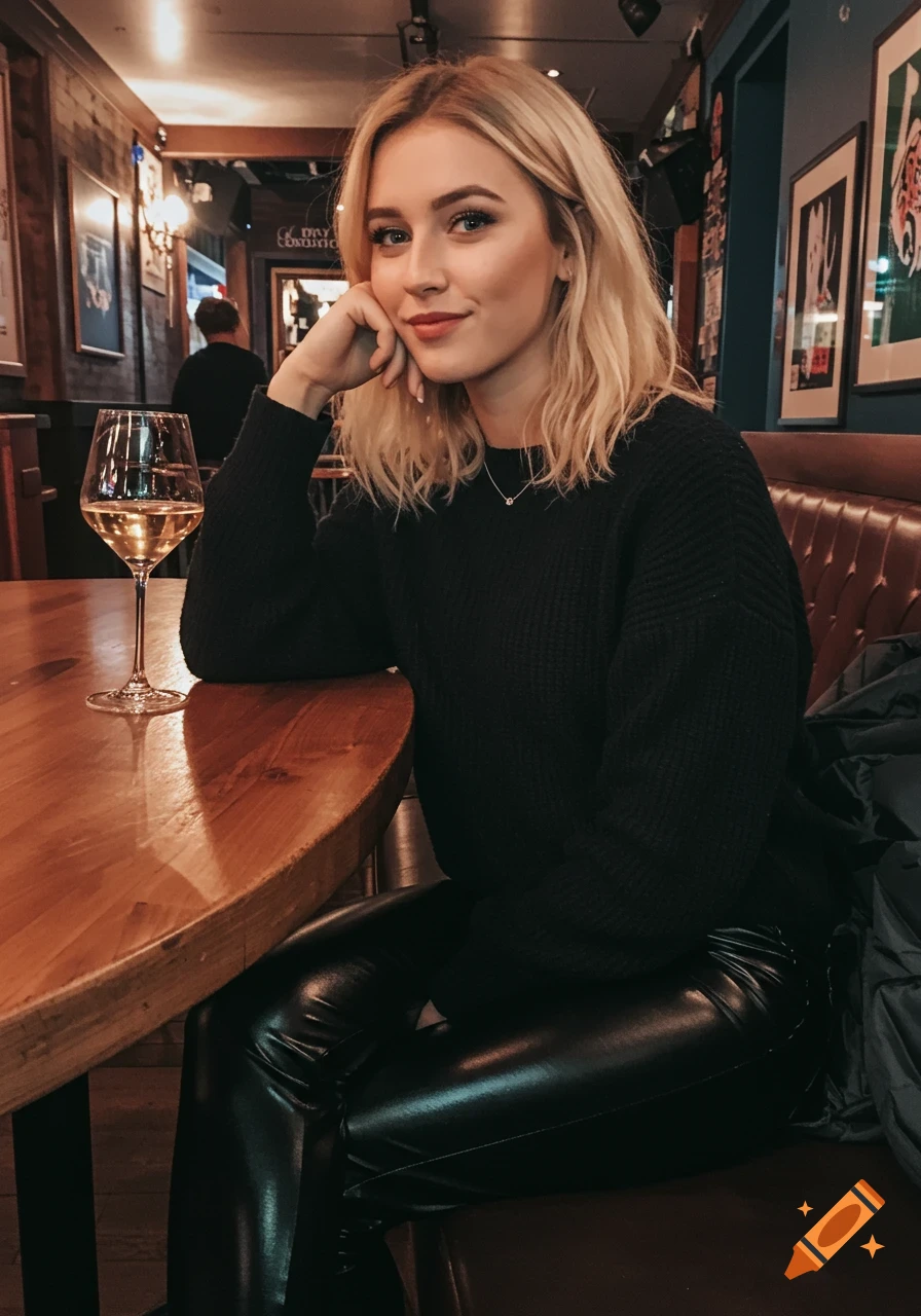 A blonde woman in a black sweater and shiny leggings sits at a bar table with a glass of wine.