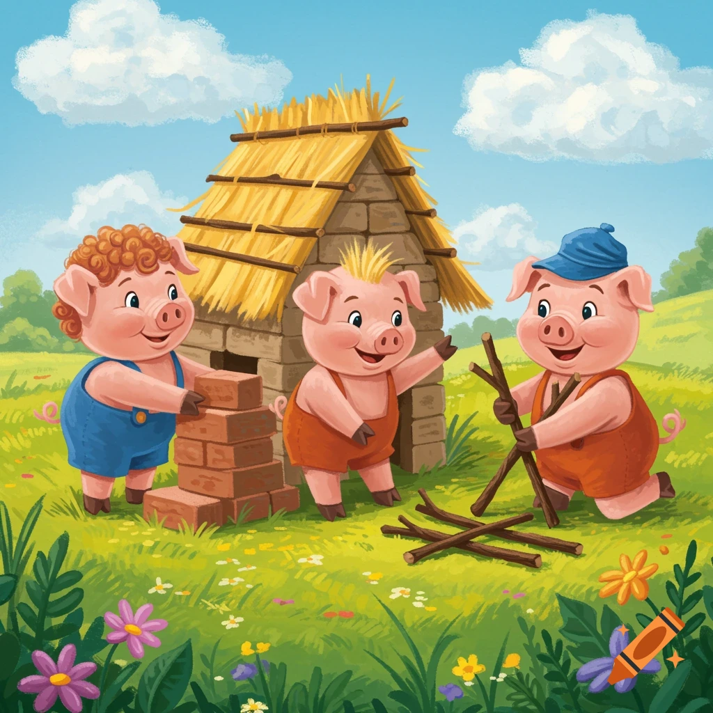 Three cartoon pigs, dressed in overalls, build houses of brick, straw, and sticks in a sunny green field with flowers.