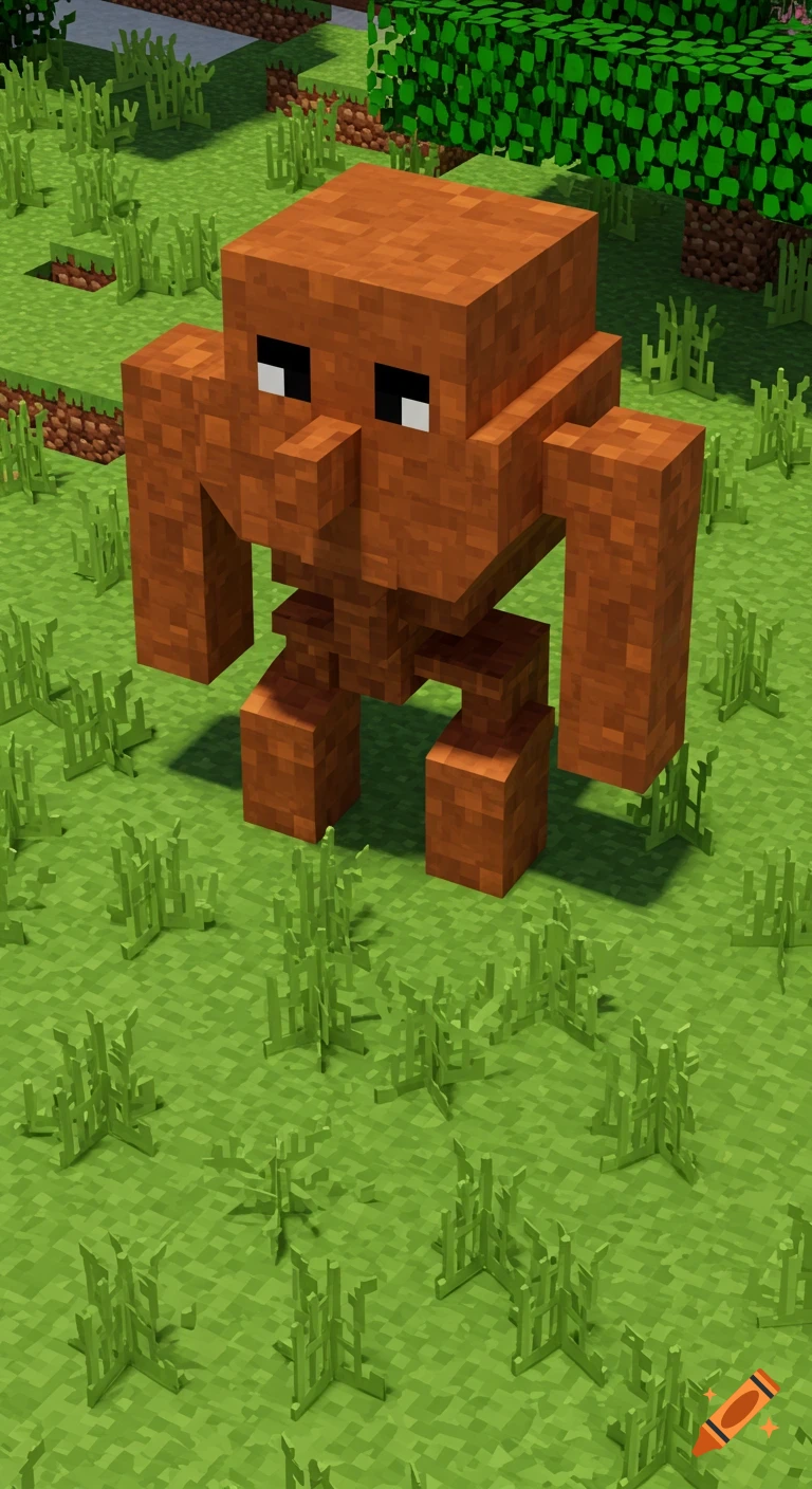 A blocky copper golem stands in a vibrant Minecraft world with green grass and trees, rendered in a 9:16 aspect ratio.
