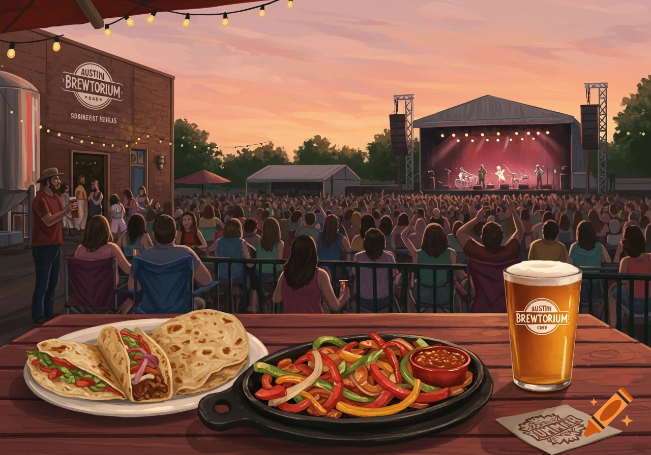 An illustration of a lively outdoor concert at sunset, with a crowd facing a stage, seen from a table with tacos, fajitas, and a beer glass.