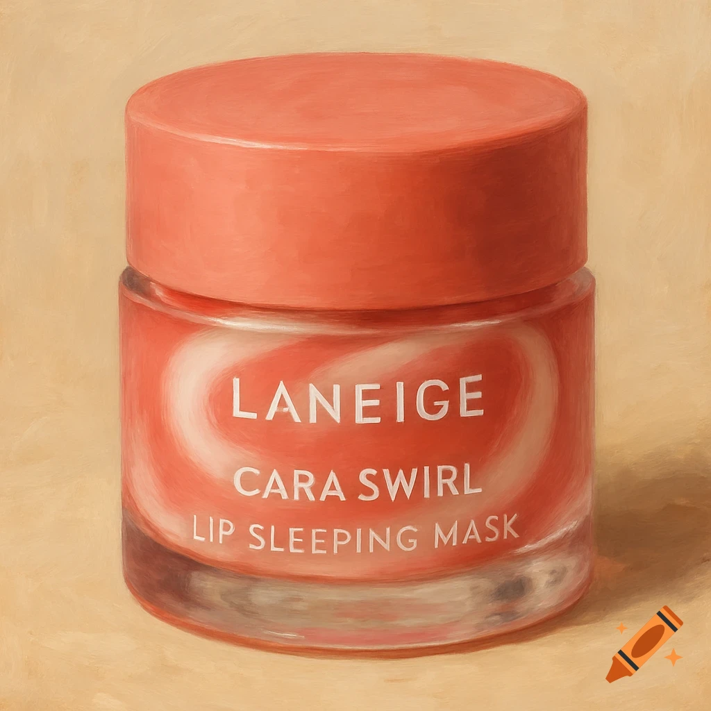 An oil painting of a Laneige Cara Swirl Lip Sleeping Mask in a coral colored jar with white text, against a light beige background.