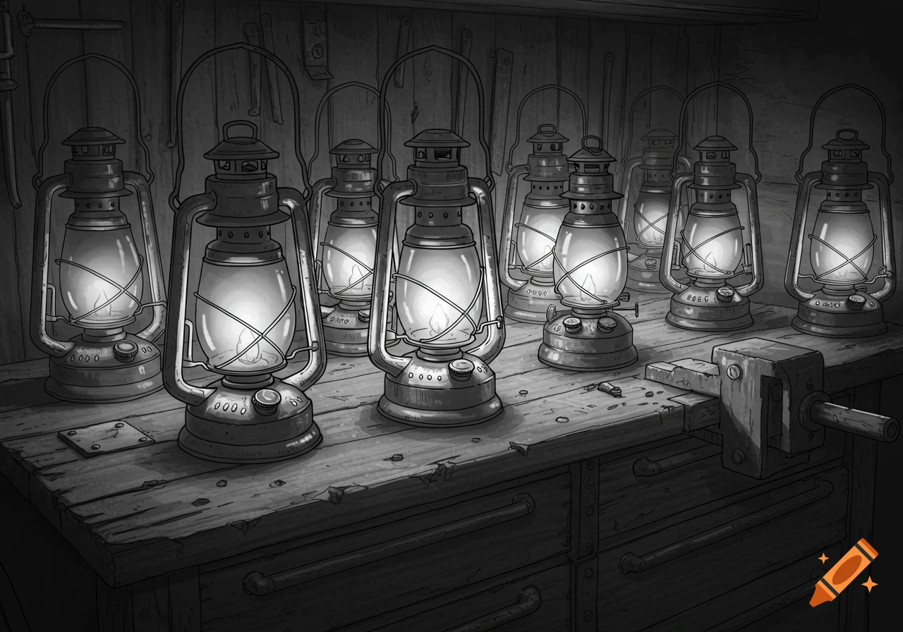 Many illuminated kerosene lanterns are arranged on a wooden workbench in a black and white drawing style.