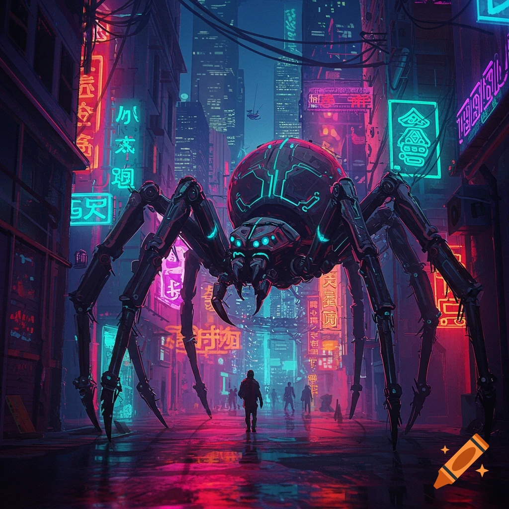 A giant robot spider walks down a futuristic, neon-lit cyberpunk city street at night with people walking below.
