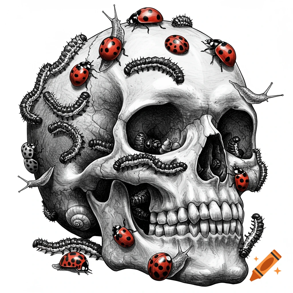 A black and white drawing of a human skull covered with red ladybugs, black caterpillars, and snails.