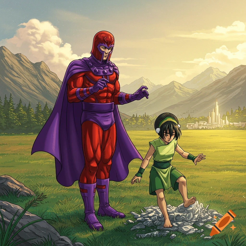 Magneto in red and purple watches Toph in green step on a pile of rocks in a grassy field with mountains and a city in the background, comic book style.