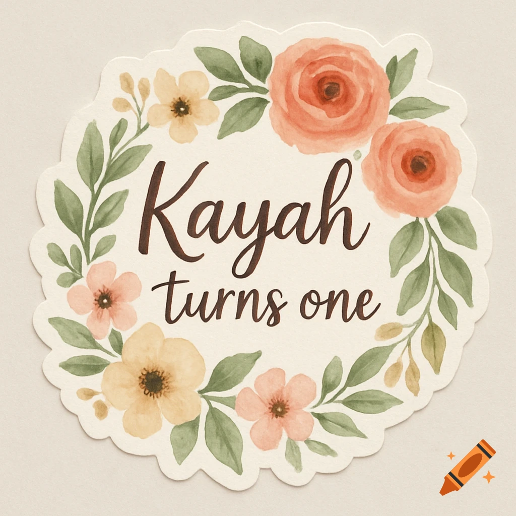 A white scalloped floral sticker with watercolor flowers in shades of peach and yellow surrounding the brown text 'Kayah turns one'.