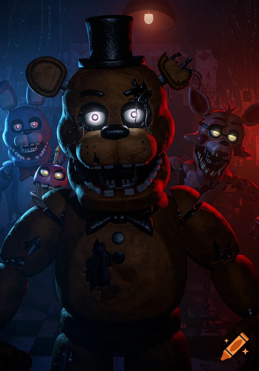 Freddy Fazbear, Bonnie, and Foxy animatronics from Five Nights at Freddy's in a dimly lit, ominous setting.