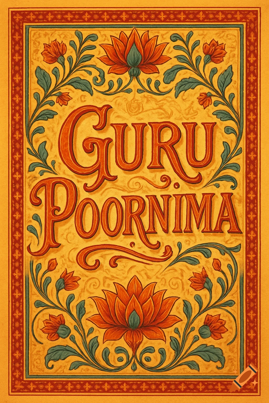 Decorative Indian text art featuring the words 'GURU POORNIMA' surrounded by traditional floral motifs in orange and green on a yellow background.