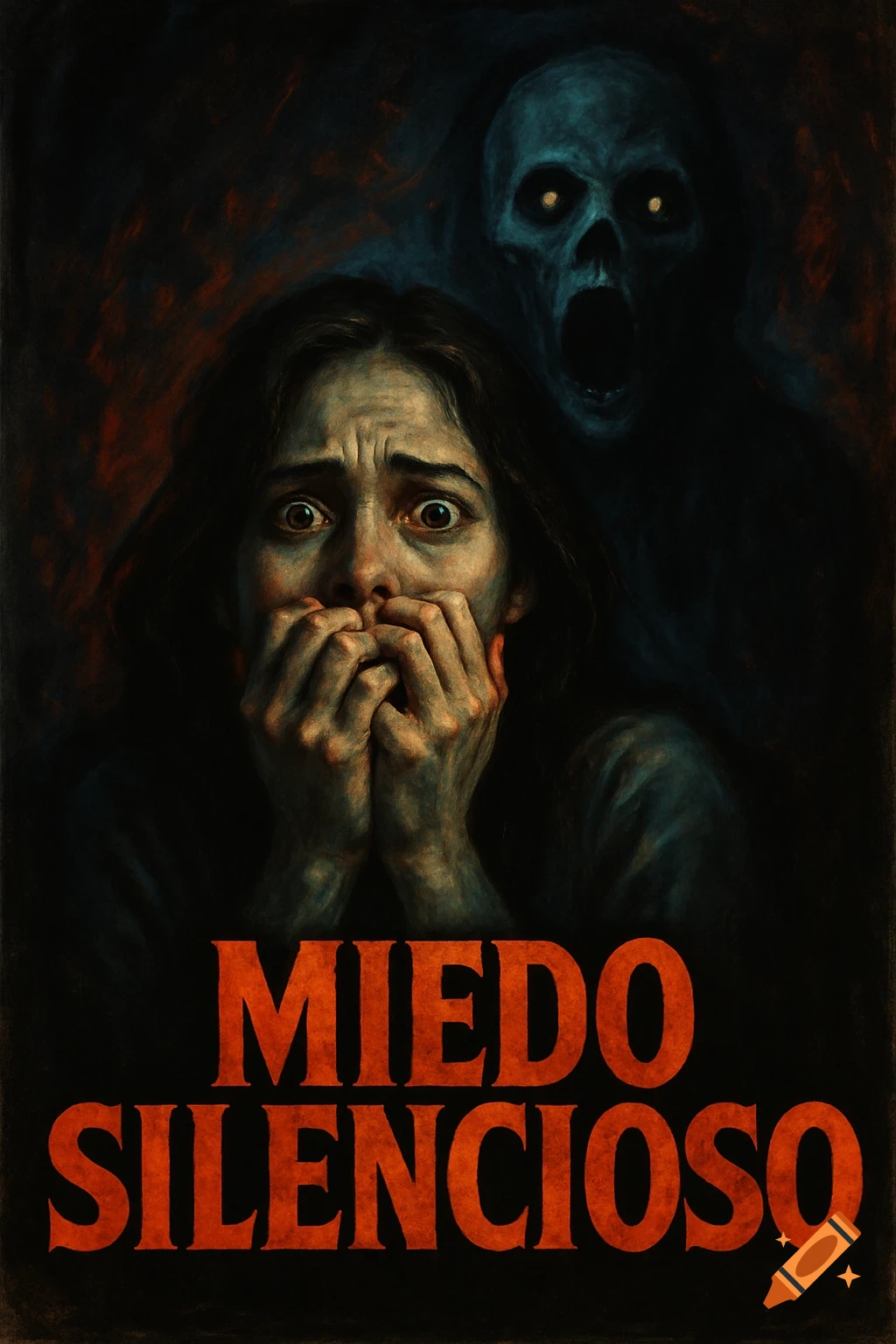 A horror movie poster featuring a terrified woman covering her mouth, with a blue-tinged ghostly skull looming behind her in a dark, ominous setting. Text reads "MIEDO SILENCIOSO" at the bottom.